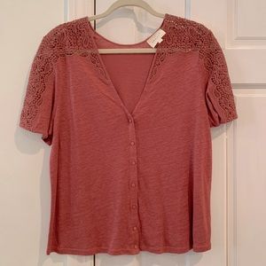 Sezane Linen Short Sleeve Top Lace Size Large